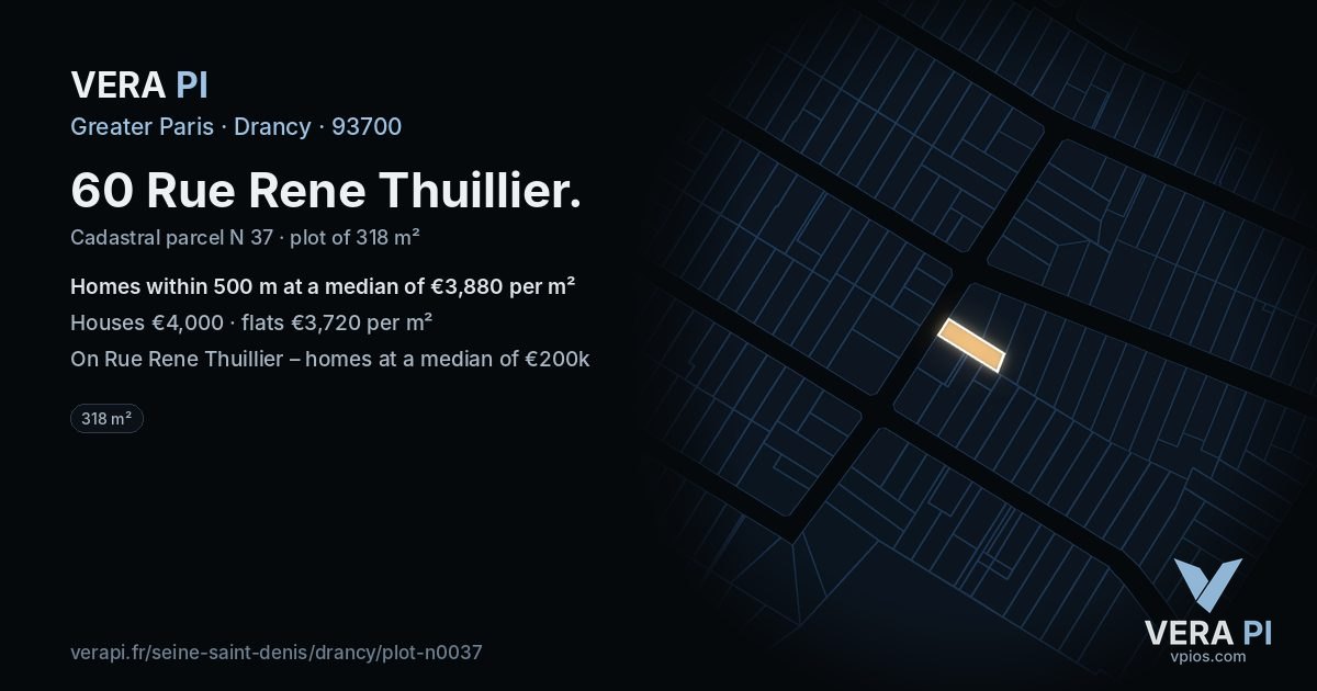 60 Rue Rene Thuillier, Drancy at night – the plot lit, the parcels around coloured by the prices near them