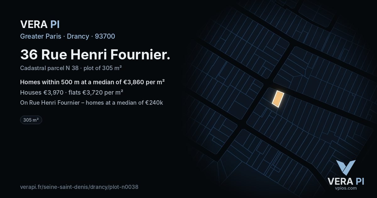 36 Rue Henri Fournier, Drancy at night – the plot lit, the parcels around coloured by the prices near them
