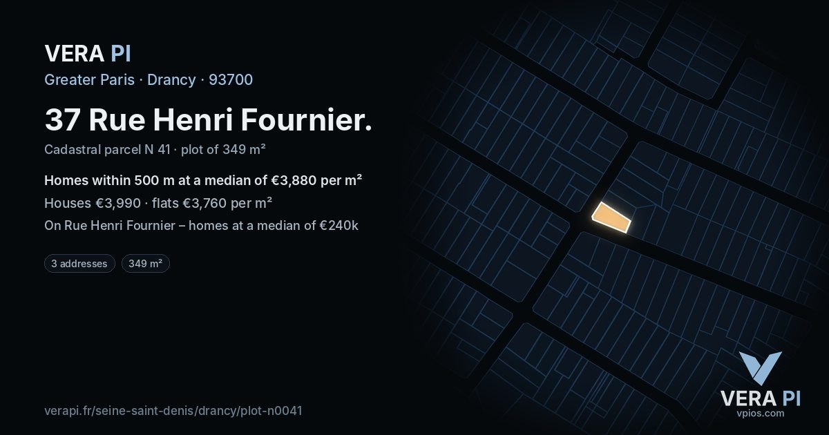 37 Rue Henri Fournier, Drancy at night – the plot lit, the parcels around coloured by the prices near them