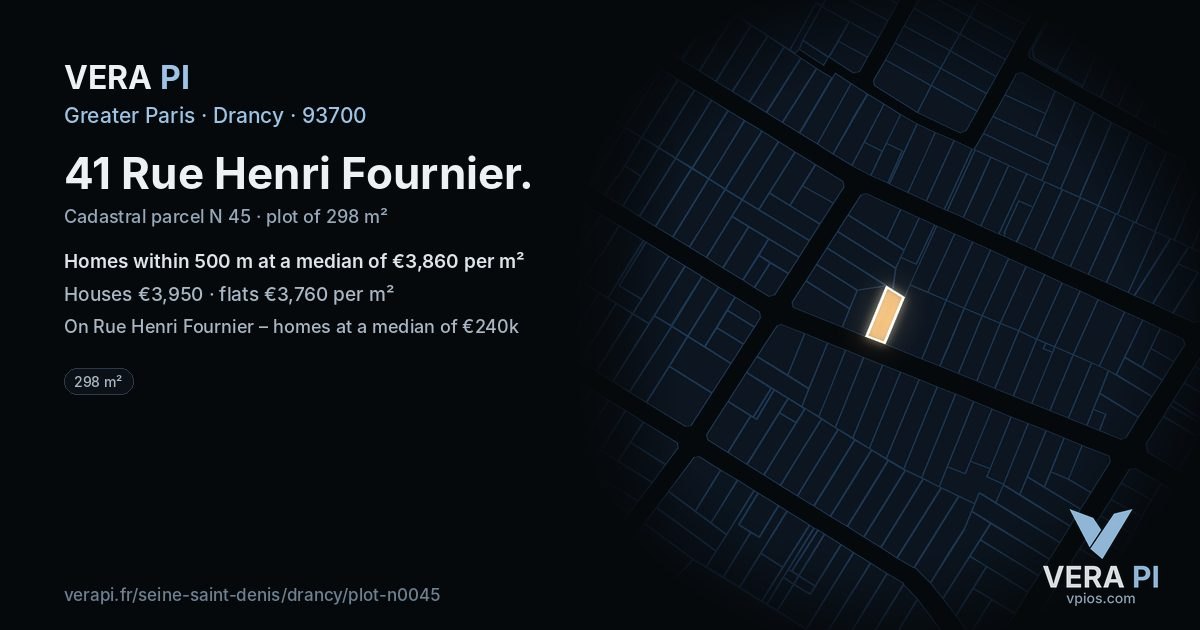 41 Rue Henri Fournier, Drancy at night – the plot lit, the parcels around coloured by the prices near them