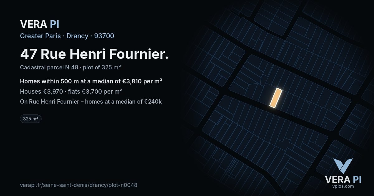 47 Rue Henri Fournier, Drancy at night – the plot lit, the parcels around coloured by the prices near them