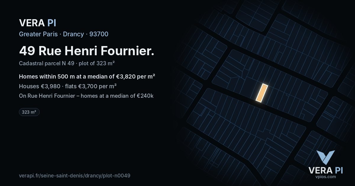 49 Rue Henri Fournier, Drancy at night – the plot lit, the parcels around coloured by the prices near them