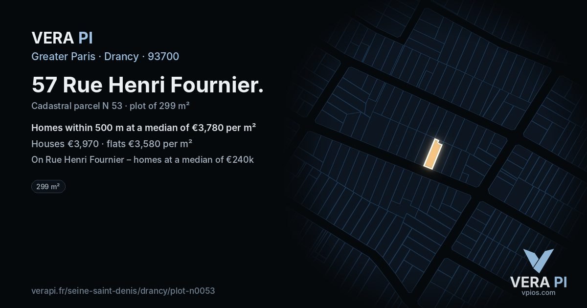 57 Rue Henri Fournier, Drancy at night – the plot lit, the parcels around coloured by the prices near them