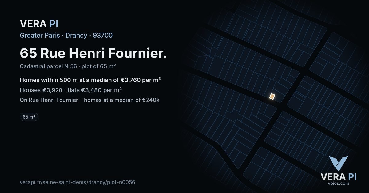 65 Rue Henri Fournier, Drancy at night – the plot lit, the parcels around coloured by the prices near them