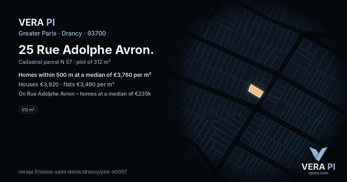 25 Rue Adolphe Avron, Drancy at night – the plot lit, the parcels around coloured by the prices near them