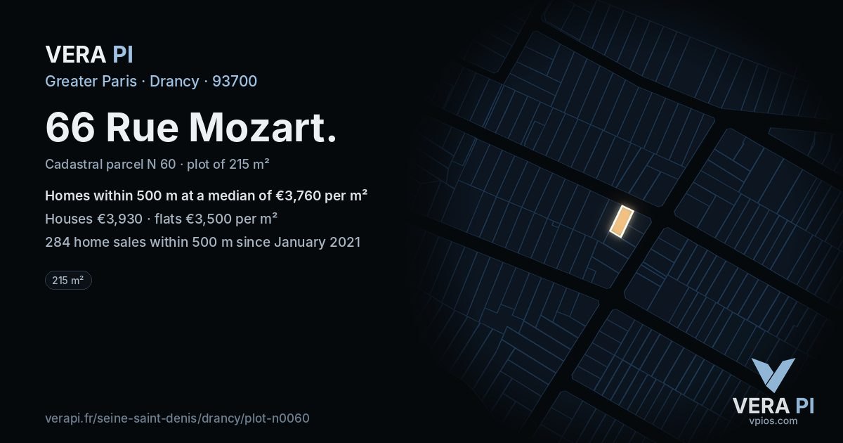 66 Rue Mozart, Drancy at night – the plot lit, the parcels around coloured by the prices near them