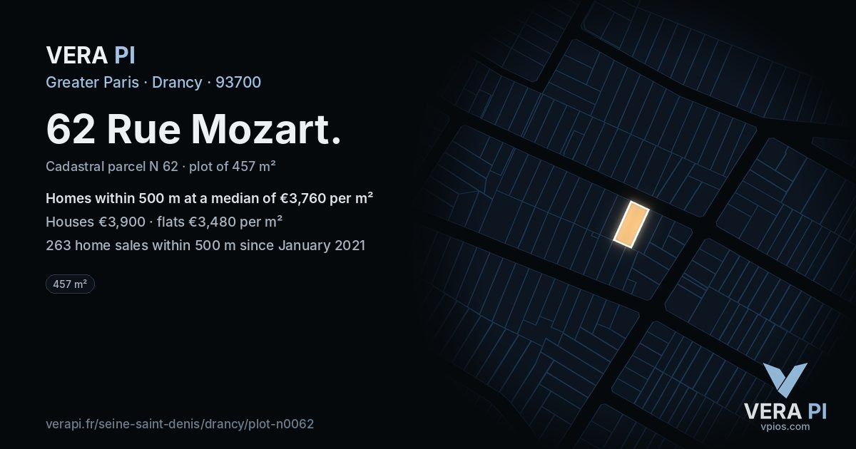 62 Rue Mozart, Drancy at night – the plot lit, the parcels around coloured by the prices near them