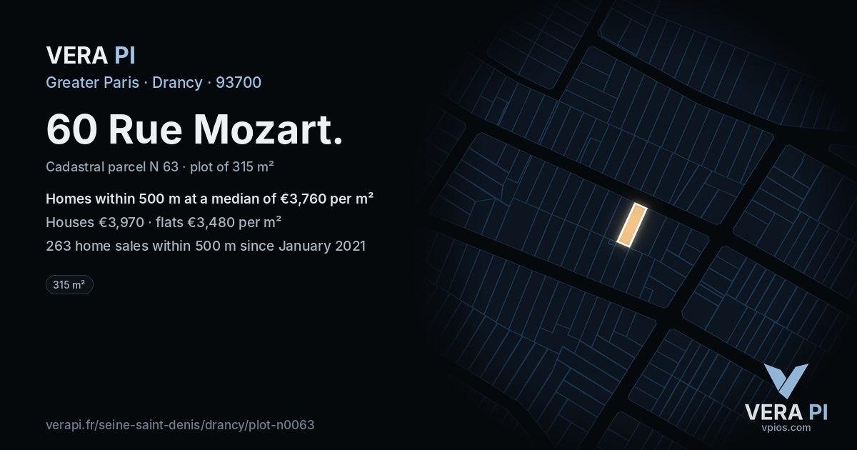 60 Rue Mozart, Drancy at night – the plot lit, the parcels around coloured by the prices near them