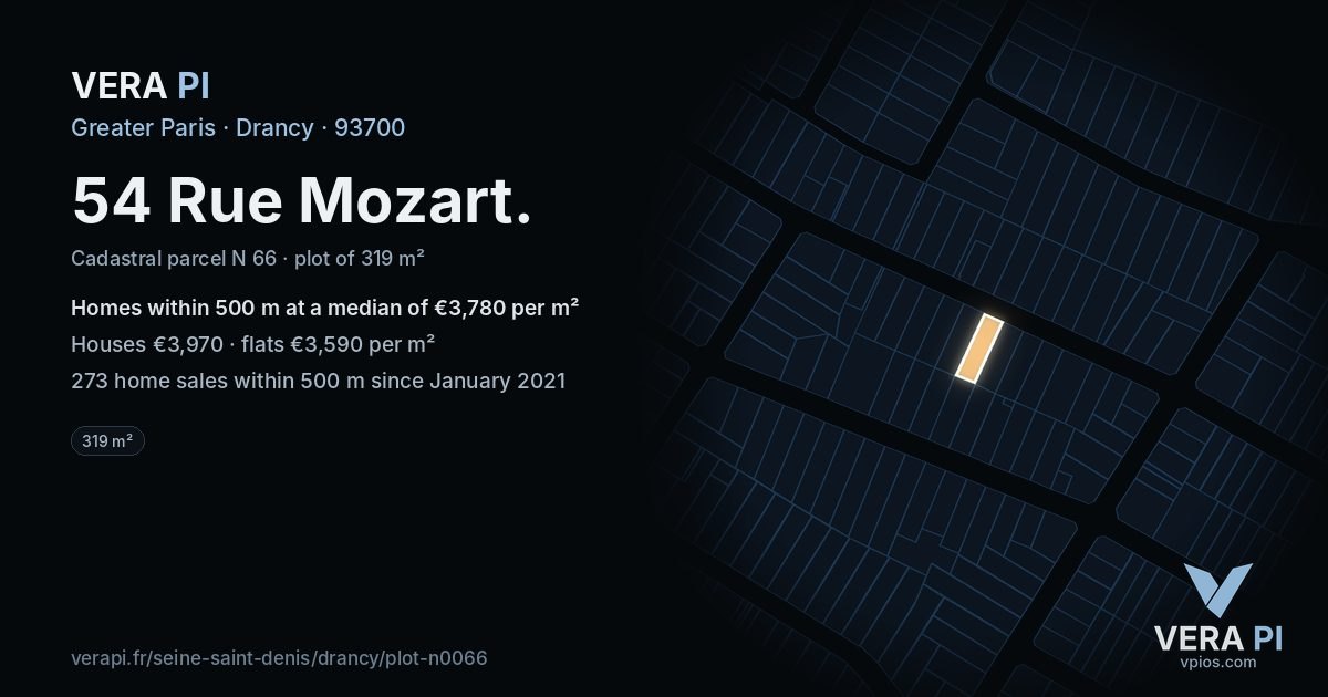 54 Rue Mozart, Drancy at night – the plot lit, the parcels around coloured by the prices near them