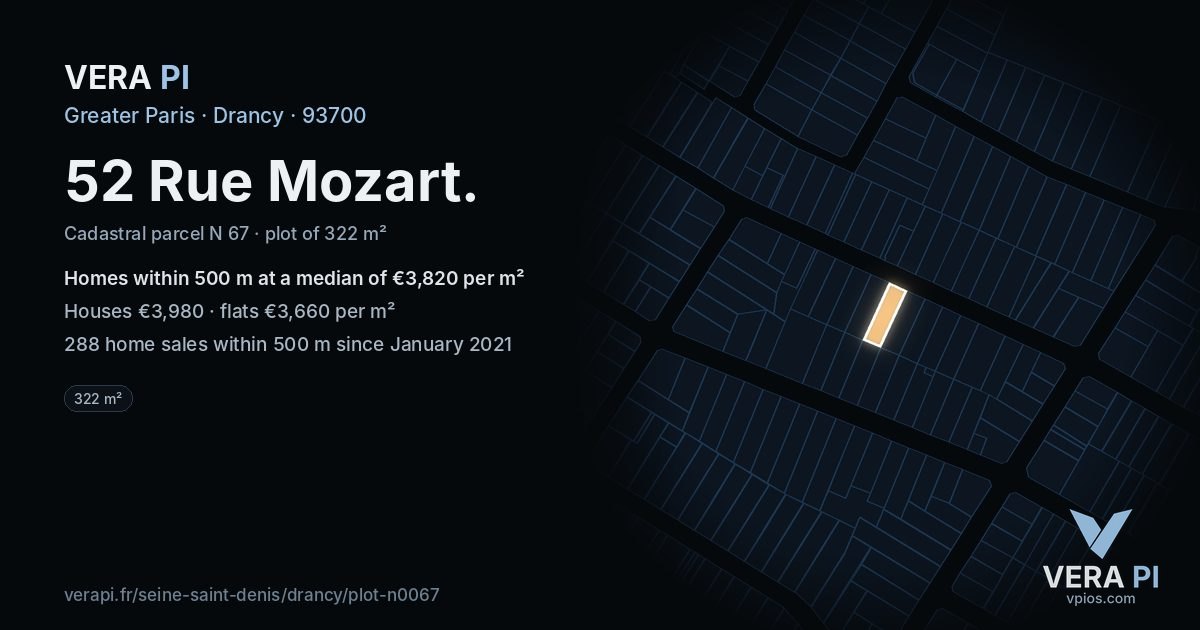 52 Rue Mozart, Drancy at night – the plot lit, the parcels around coloured by the prices near them