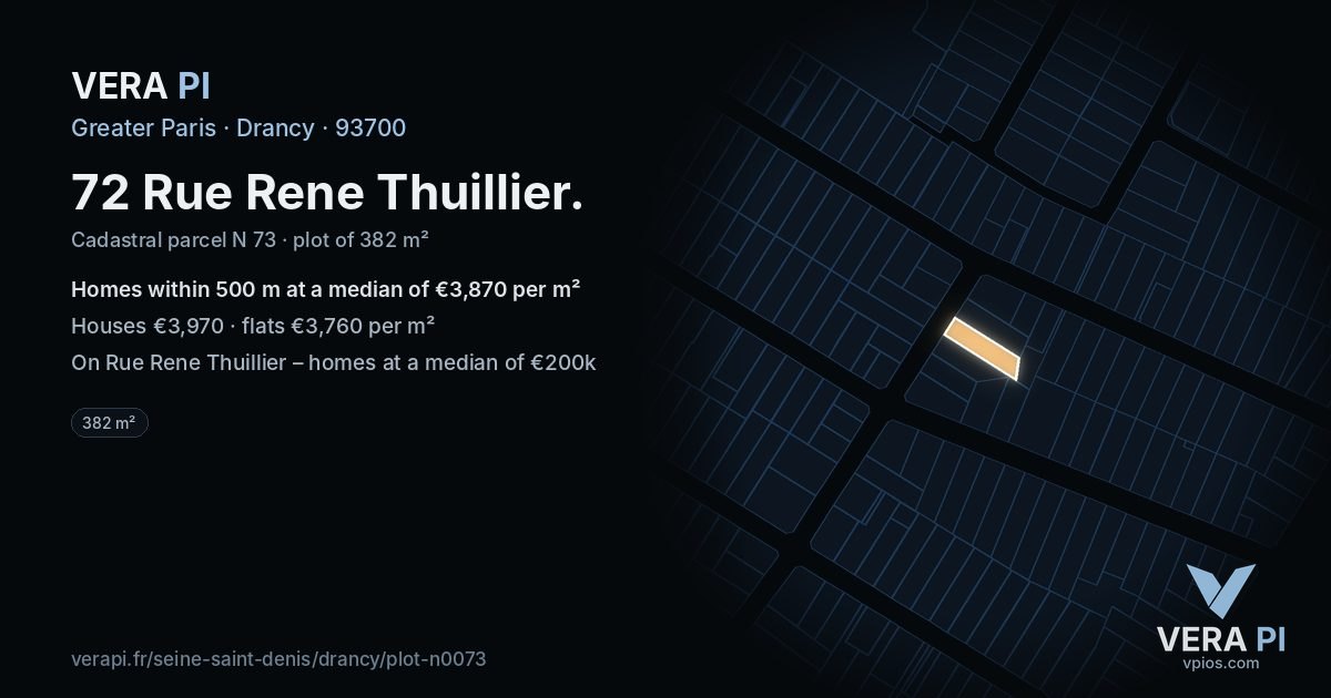 72 Rue Rene Thuillier, Drancy at night – the plot lit, the parcels around coloured by the prices near them