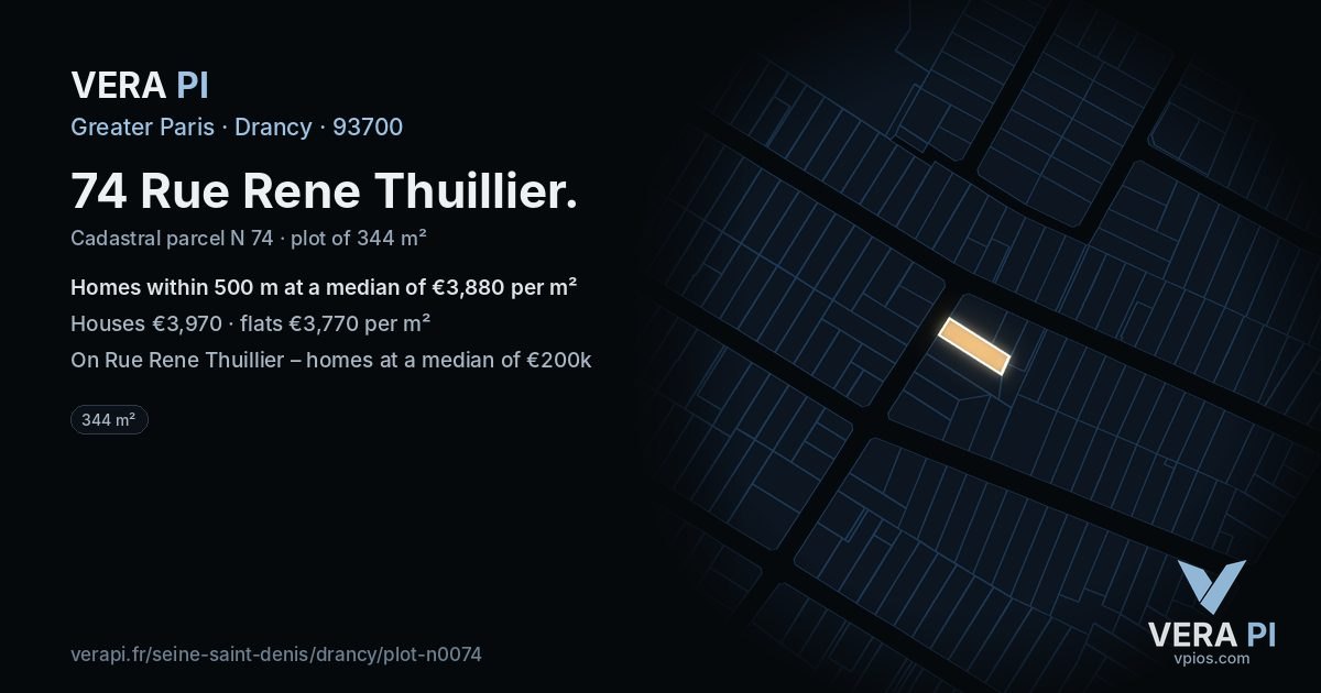 74 Rue Rene Thuillier, Drancy at night – the plot lit, the parcels around coloured by the prices near them