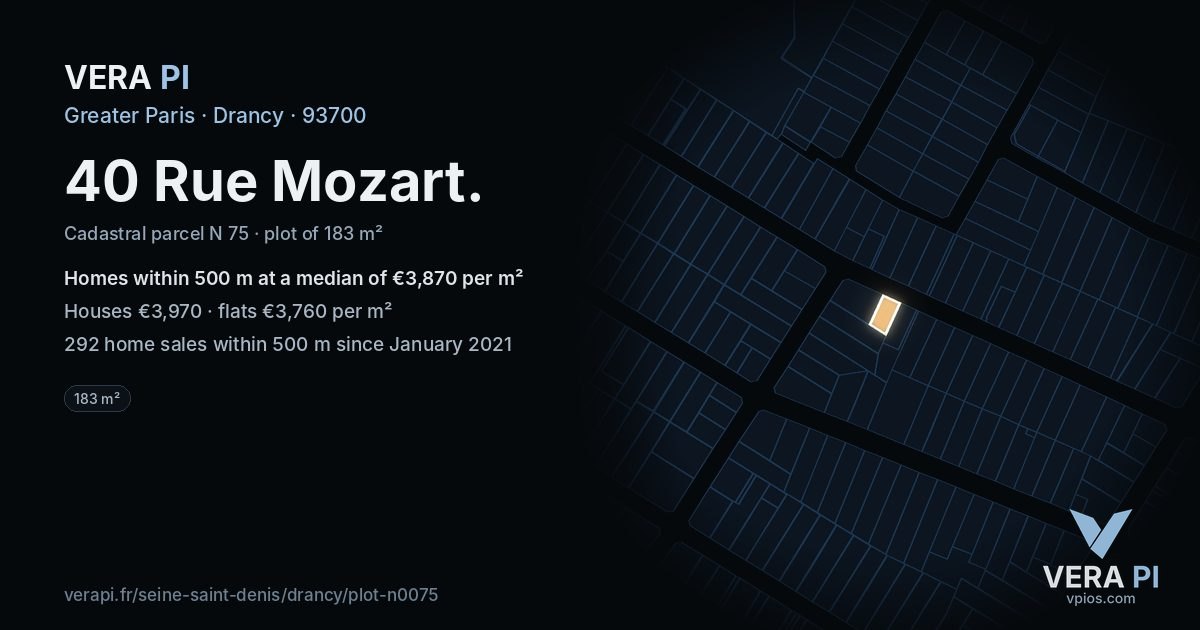 40 Rue Mozart, Drancy at night – the plot lit, the parcels around coloured by the prices near them