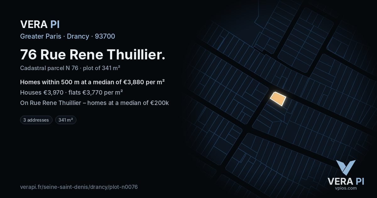 76 Rue Rene Thuillier, Drancy at night – the plot lit, the parcels around coloured by the prices near them