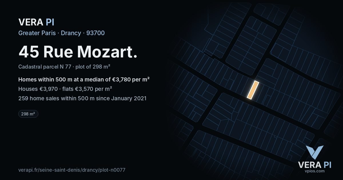 45 Rue Mozart, Drancy at night – the plot lit, the parcels around coloured by the prices near them