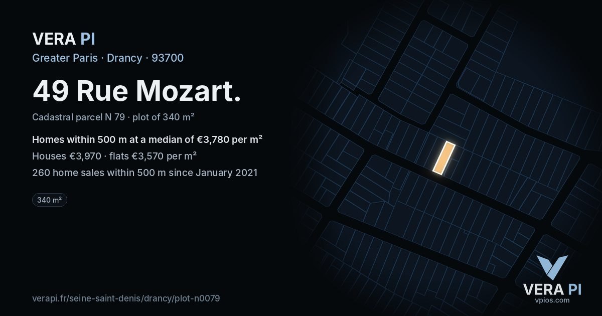49 Rue Mozart, Drancy at night – the plot lit, the parcels around coloured by the prices near them