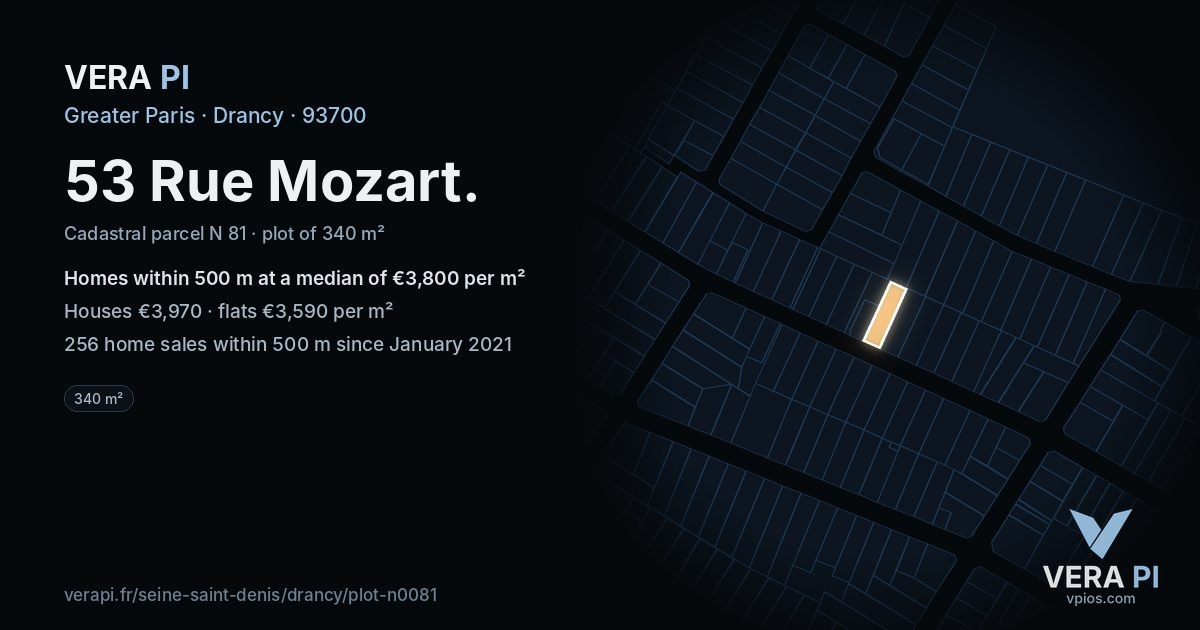 53 Rue Mozart, Drancy at night – the plot lit, the parcels around coloured by the prices near them
