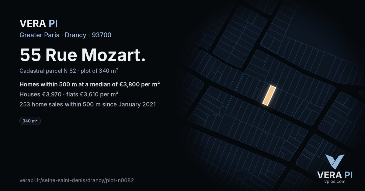 55 Rue Mozart, Drancy at night – the plot lit, the parcels around coloured by the prices near them