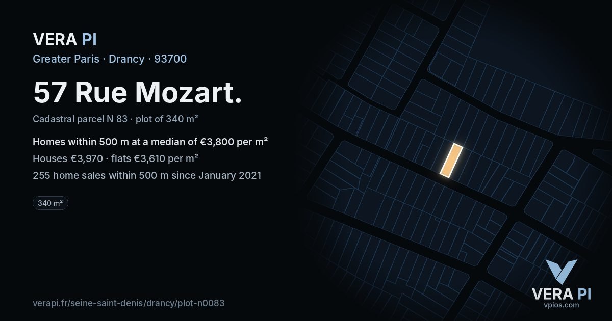 57 Rue Mozart, Drancy at night – the plot lit, the parcels around coloured by the prices near them