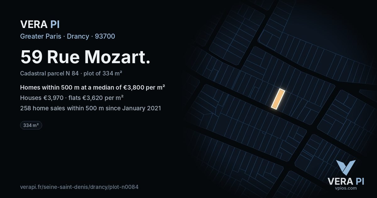 59 Rue Mozart, Drancy at night – the plot lit, the parcels around coloured by the prices near them