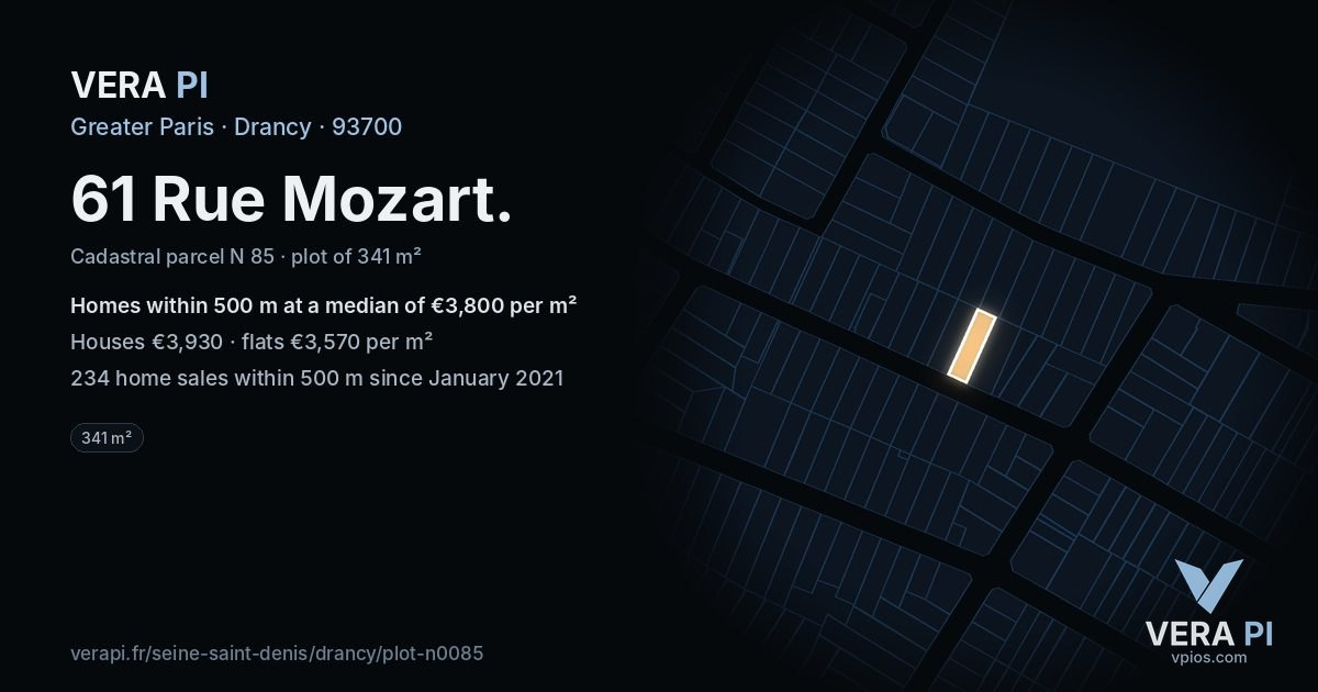 61 Rue Mozart, Drancy at night – the plot lit, the parcels around coloured by the prices near them