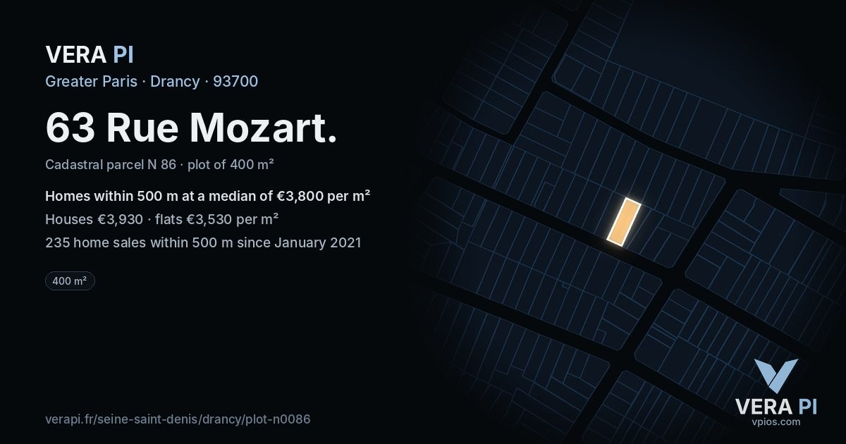 63 Rue Mozart, Drancy at night – the plot lit, the parcels around coloured by the prices near them