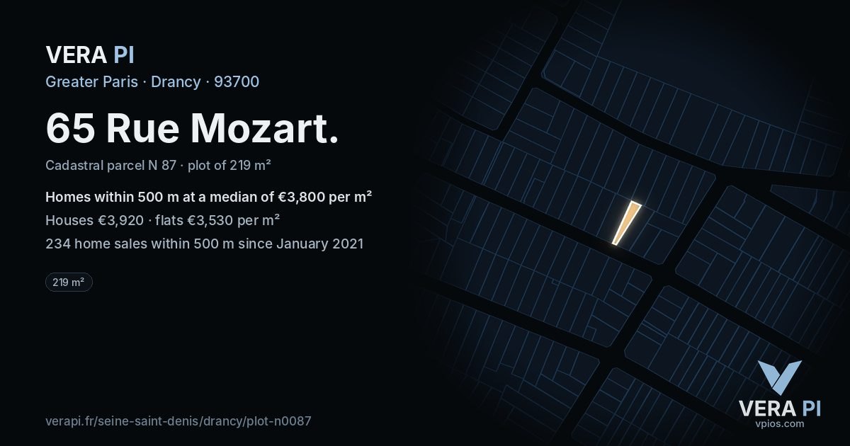 65 Rue Mozart, Drancy at night – the plot lit, the parcels around coloured by the prices near them