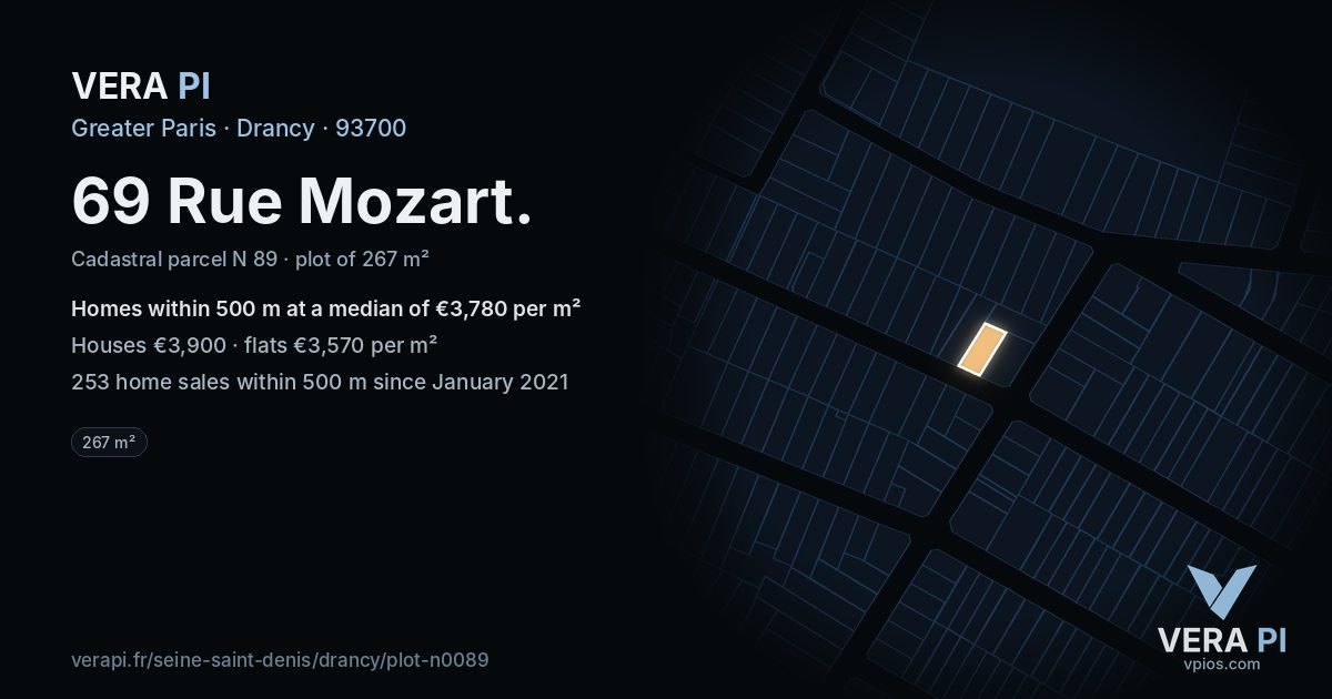 69 Rue Mozart, Drancy at night – the plot lit, the parcels around coloured by the prices near them