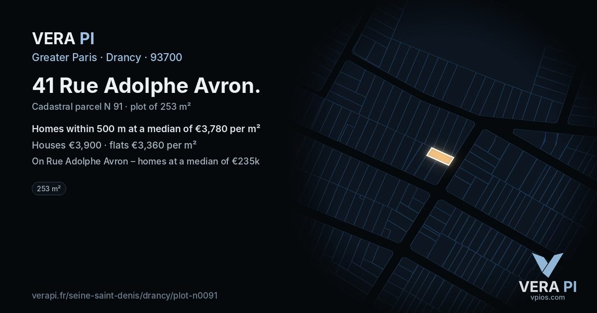 41 Rue Adolphe Avron, Drancy at night – the plot lit, the parcels around coloured by the prices near them
