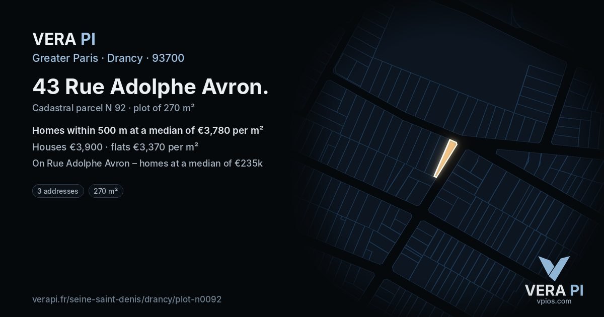 43 Rue Adolphe Avron, Drancy at night – the plot lit, the parcels around coloured by the prices near them