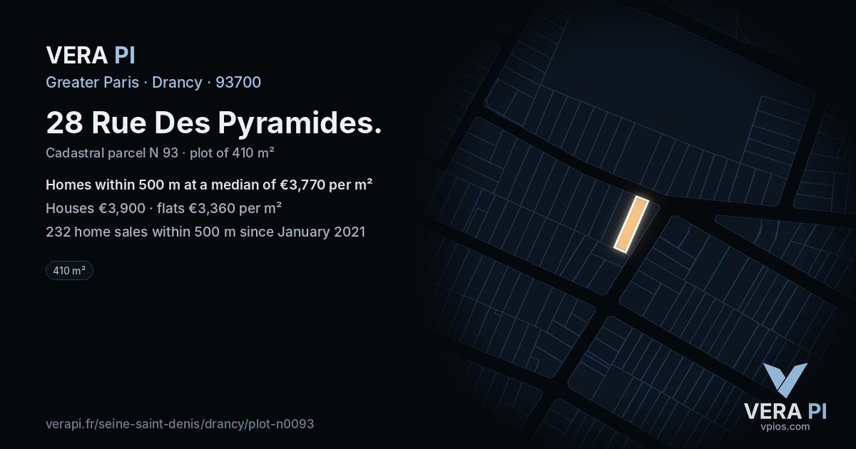28 Rue Des Pyramides, Drancy at night – the plot lit, the parcels around coloured by the prices near them