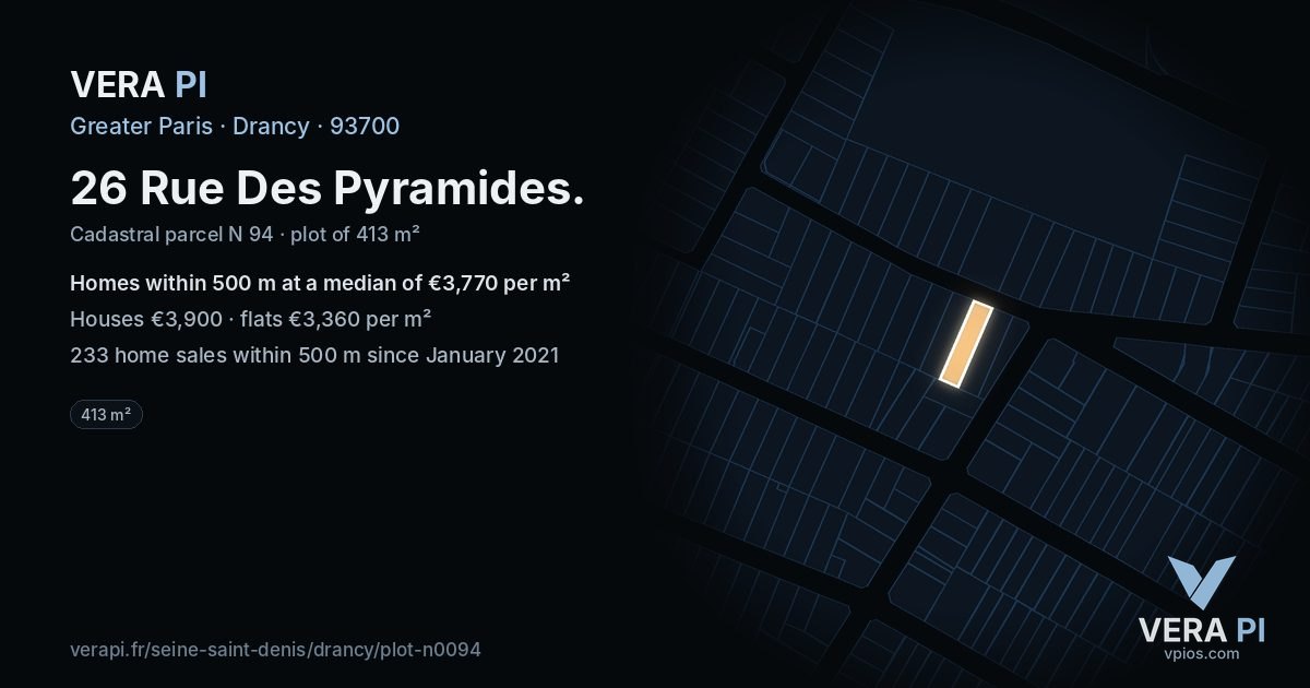 26 Rue Des Pyramides, Drancy at night – the plot lit, the parcels around coloured by the prices near them