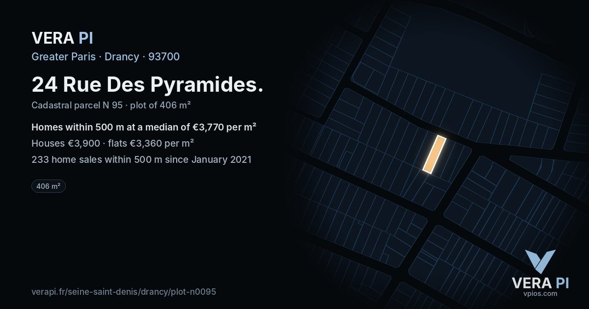 24 Rue Des Pyramides, Drancy at night – the plot lit, the parcels around coloured by the prices near them