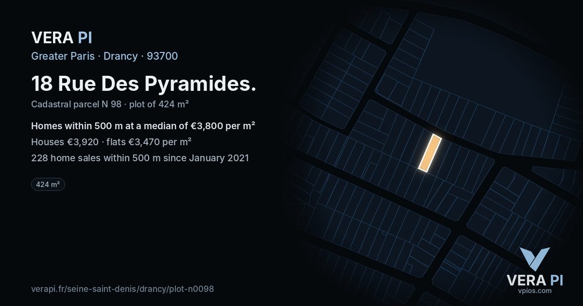 18 Rue Des Pyramides, Drancy at night – the plot lit, the parcels around coloured by the prices near them