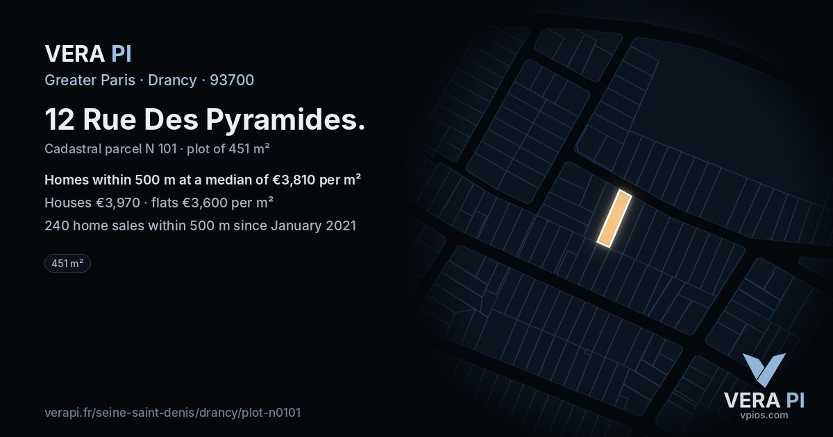 12 Rue Des Pyramides, Drancy at night – the plot lit, the parcels around coloured by the prices near them