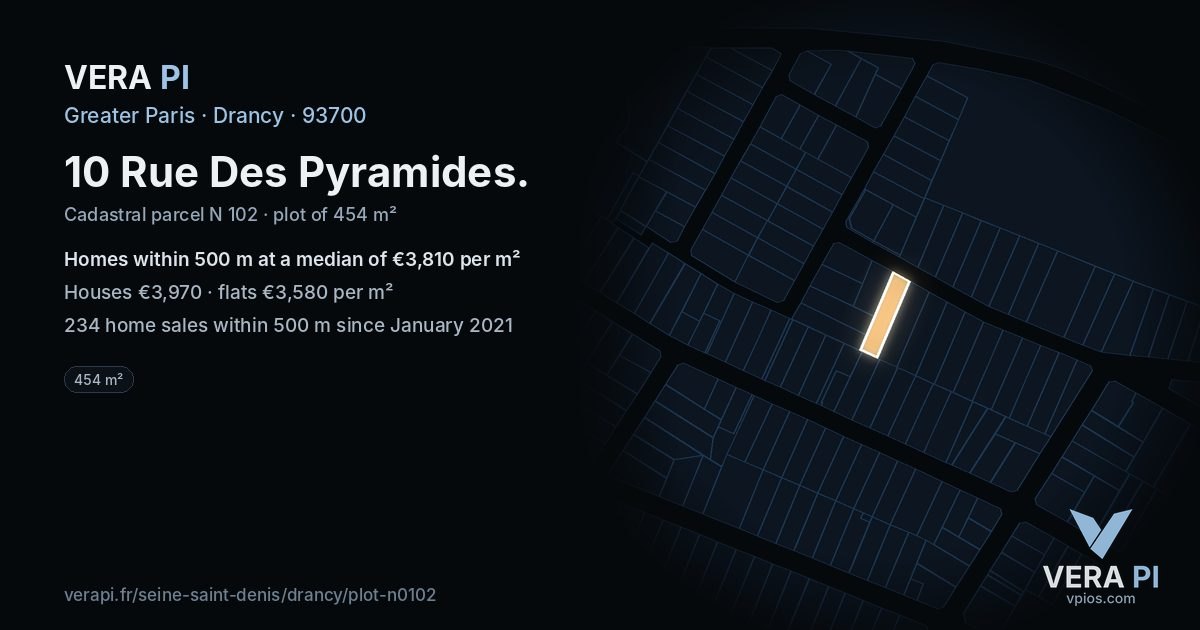 10 Rue Des Pyramides, Drancy at night – the plot lit, the parcels around coloured by the prices near them