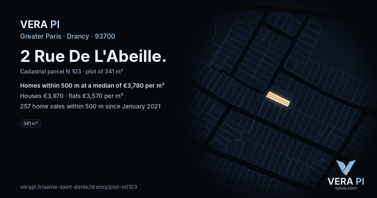 2 Rue De L'Abeille, Drancy at night – the plot lit, the parcels around coloured by the prices near them