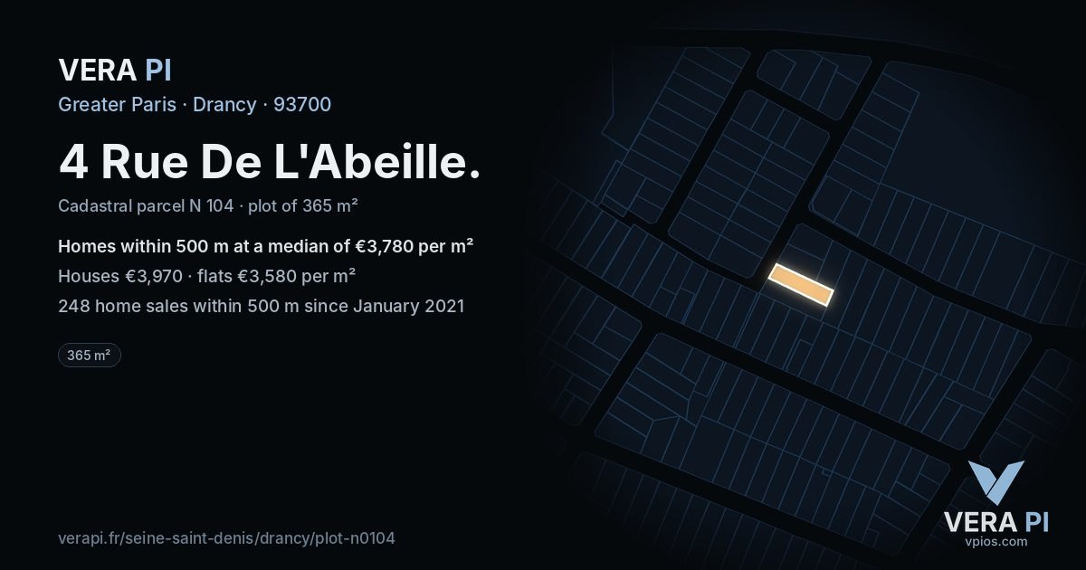 4 Rue De L'Abeille, Drancy at night – the plot lit, the parcels around coloured by the prices near them