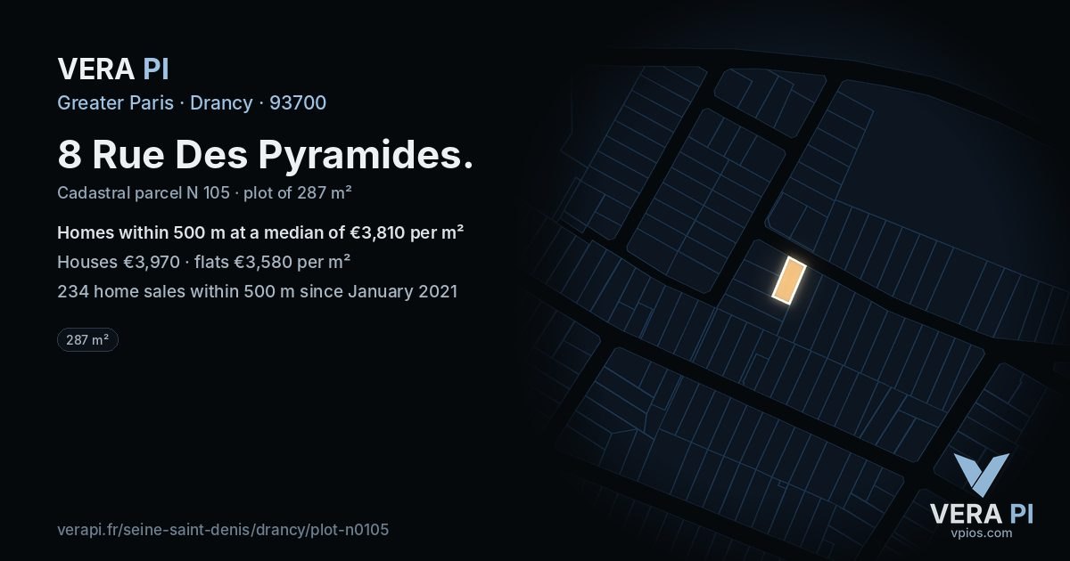 8 Rue Des Pyramides, Drancy at night – the plot lit, the parcels around coloured by the prices near them