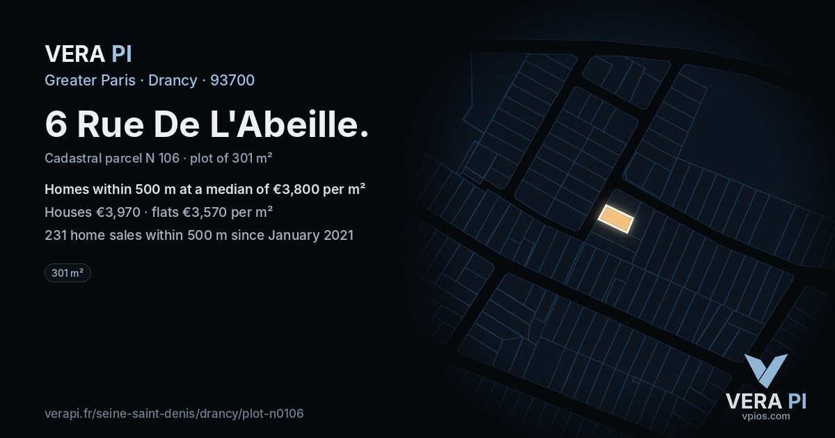 6 Rue De L'Abeille, Drancy at night – the plot lit, the parcels around coloured by the prices near them