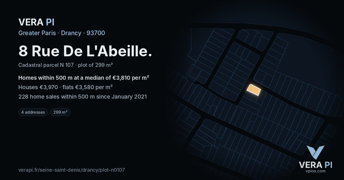 8 Rue De L'Abeille, Drancy at night – the plot lit, the parcels around coloured by the prices near them