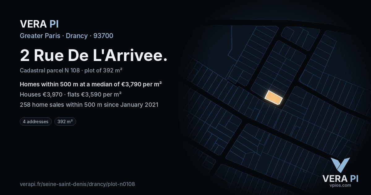 2 Rue De L'Arrivee, Drancy at night – the plot lit, the parcels around coloured by the prices near them
