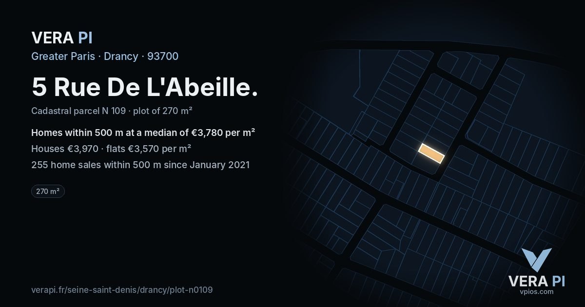 5 Rue De L'Abeille, Drancy at night – the plot lit, the parcels around coloured by the prices near them