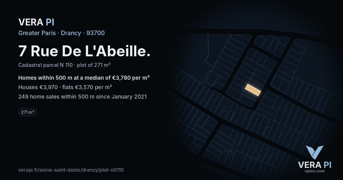 7 Rue De L'Abeille, Drancy at night – the plot lit, the parcels around coloured by the prices near them