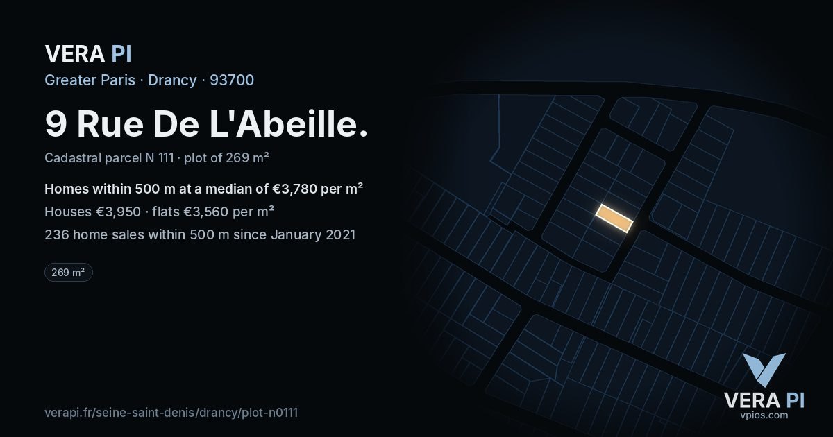 9 Rue De L'Abeille, Drancy at night – the plot lit, the parcels around coloured by the prices near them