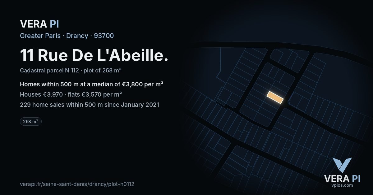 11 Rue De L'Abeille, Drancy at night – the plot lit, the parcels around coloured by the prices near them