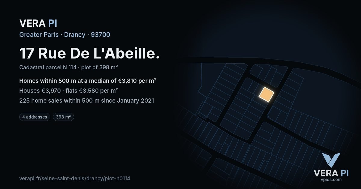 17 Rue De L'Abeille, Drancy at night – the plot lit, the parcels around coloured by the prices near them