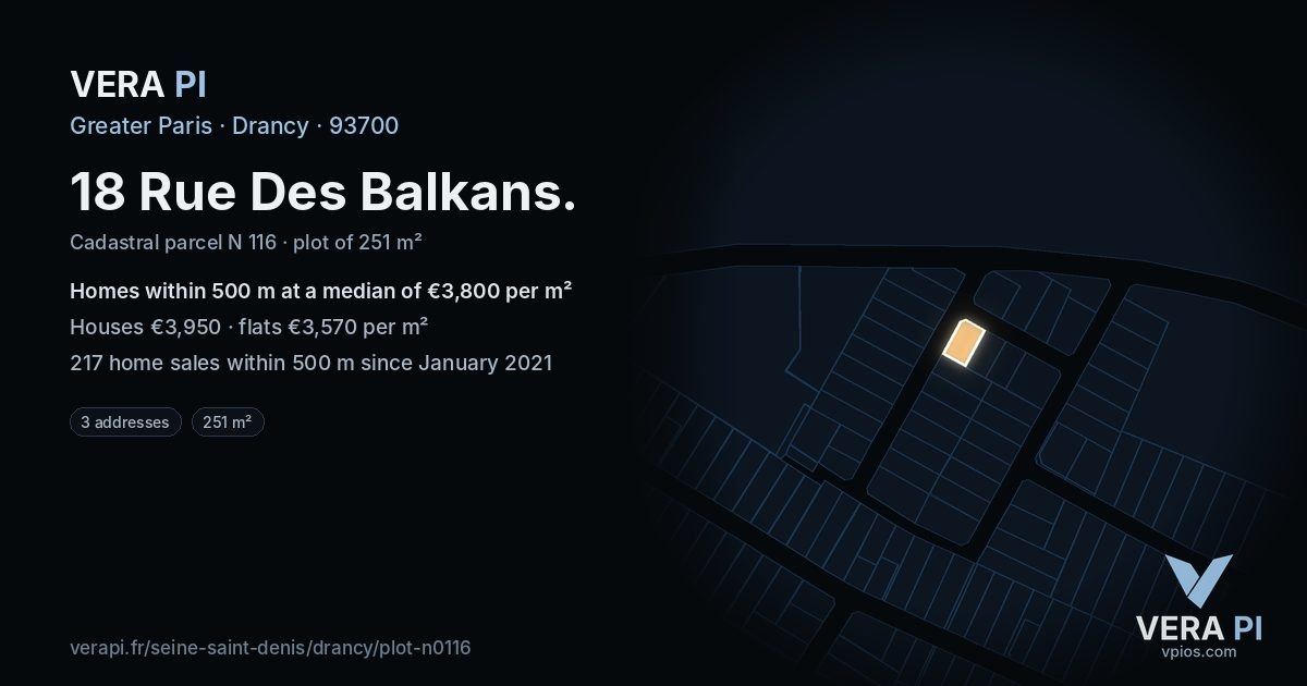 18 Rue Des Balkans, Drancy at night – the plot lit, the parcels around coloured by the prices near them