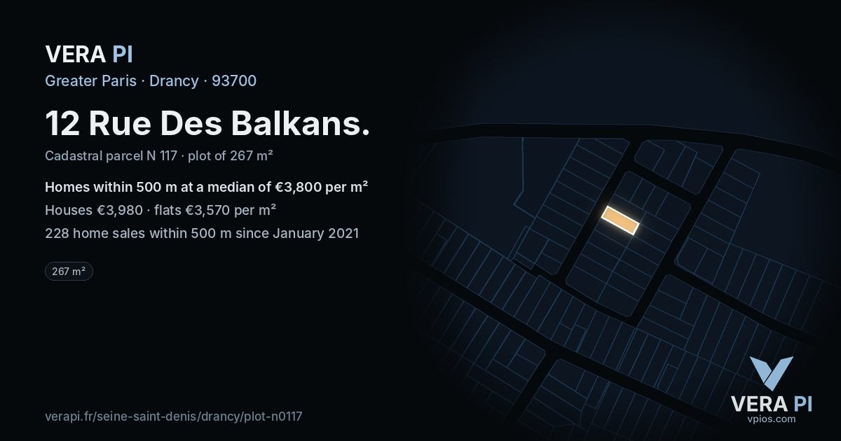 12 Rue Des Balkans, Drancy at night – the plot lit, the parcels around coloured by the prices near them