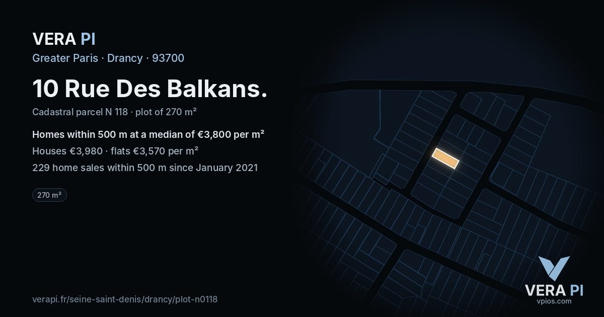 10 Rue Des Balkans, Drancy at night – the plot lit, the parcels around coloured by the prices near them